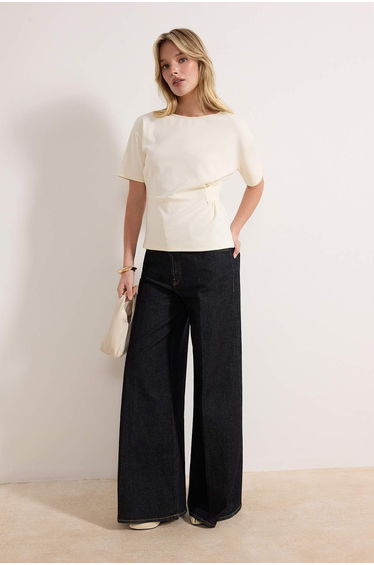 Ecru Fitted/Bodycon Gathered Regular Waist Wide Leg Interlock Knitted Blouse