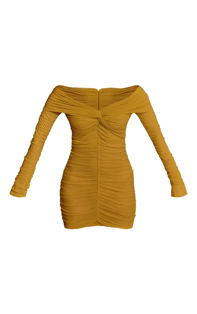ruched bardot bodycon dress Bardot Ruched Detail Mini Bodycon Dress In Black Ribbed Knit | EGO US