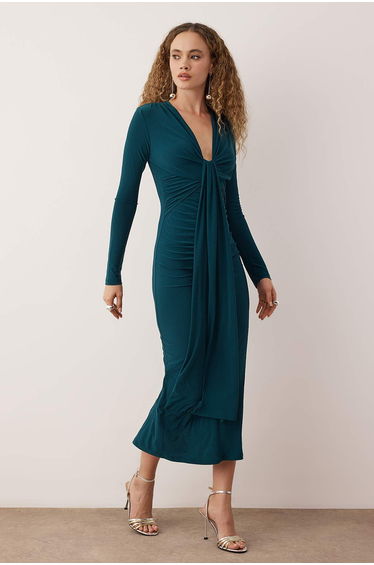 Petrol Body Fitting V Neck Knitted Stylish Dress