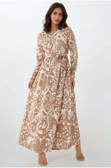 Printed Crew Neck Maxi Dress with Belt