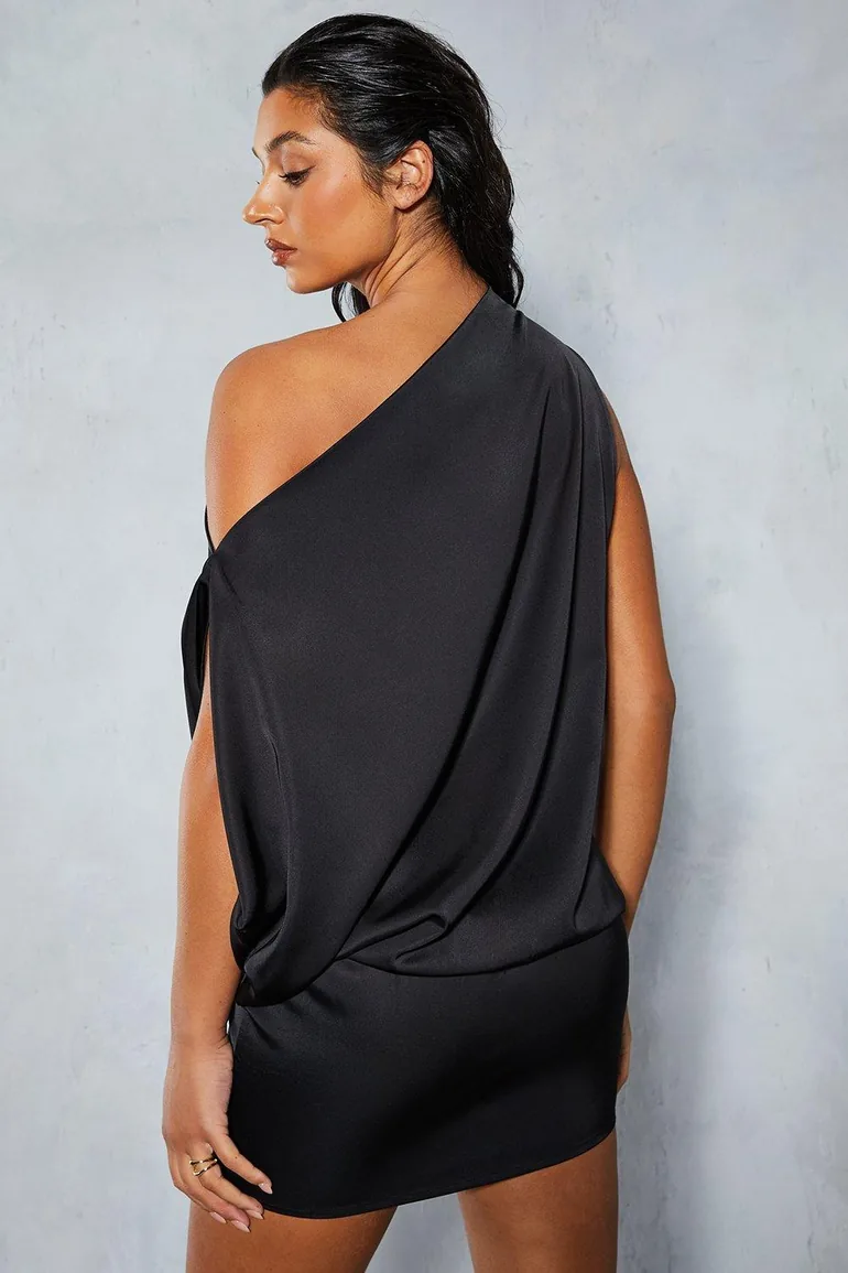 Shop Satin Off Shoulder Asymmetric Bodycon Mini Dress Online in Oman