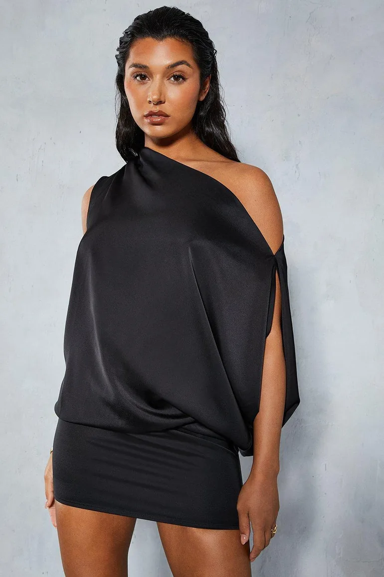 misspap satin off shoulder asymmetric bodycon mini dress MissPap Women's Satin Off Shoulder Asymmetric Bodycon Mini Dress in Black