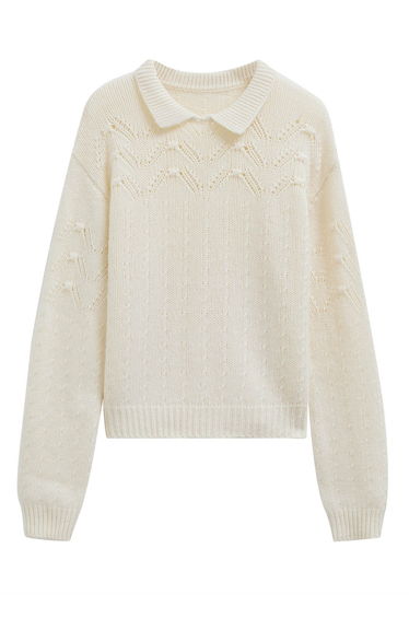 Flap Collar Hollow Out Knit Sweater in Cream