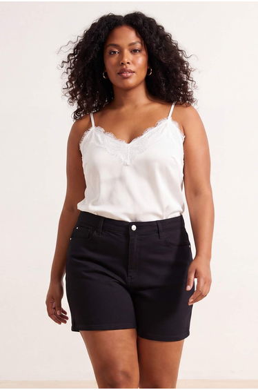 Non-Fading Black High Waist Stretch Fabric Wideleg Fit Plus Size Denim Shorts