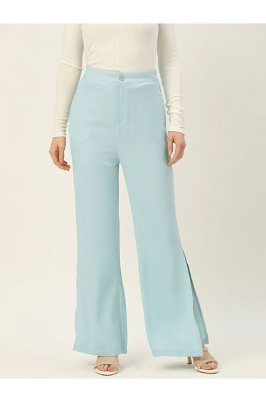 Women Blue Side Slit Wide Leg Trousers