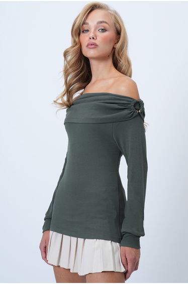 Women's Khaki Madonna Collar Shoulder Detail Knitted Blouse