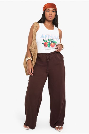 Plus Cheesecloth Wide Leg Beach Trousers - dark brown