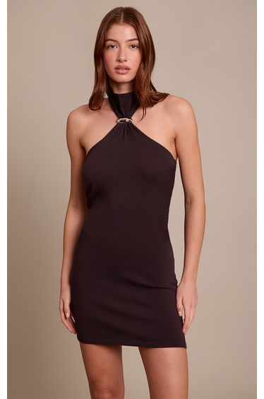 Chocolate Trim Halter Neck Dress