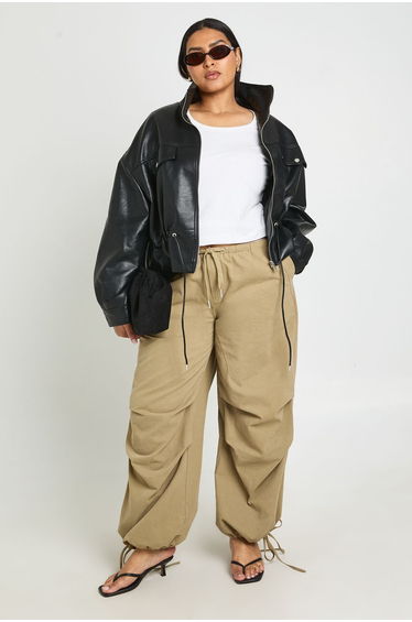 Plus Funnel Neck Faux Leather Jacket - black