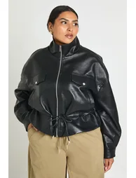 Plus Funnel Neck Faux Leather Jacket - black - 1