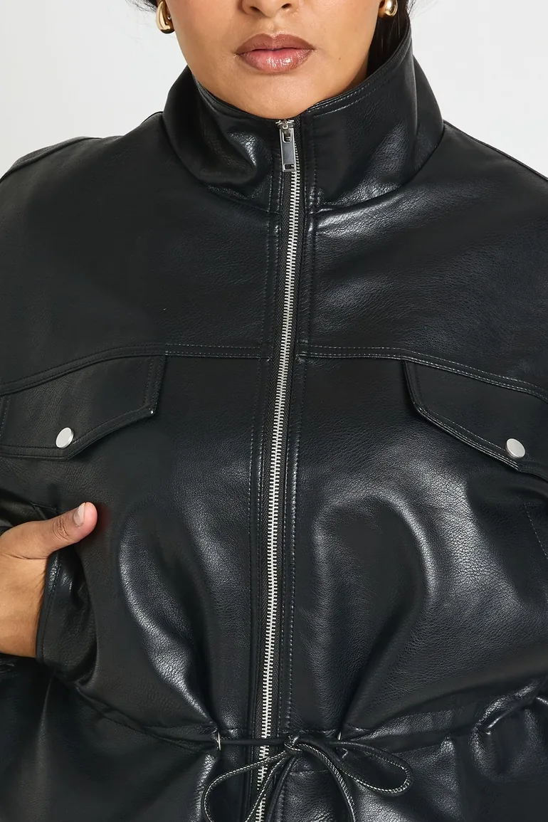 Plus Funnel Neck Faux Leather Jacket - black - 3