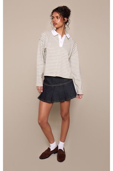 Raw Indigo Mid Rise Pleated Denim Mini Skirt