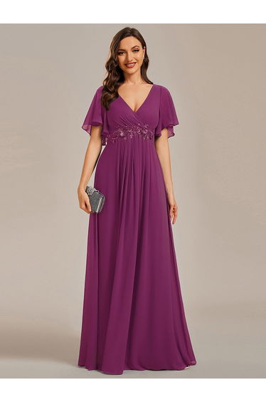 ever IVYROSE|Ruffles Sleeve A-Line Chiffon Waist Applique Maxi Formal Evening Dress