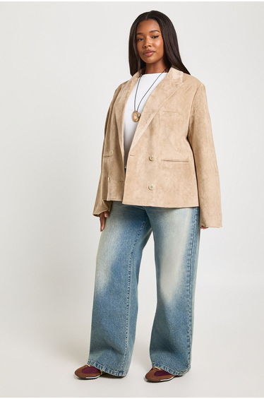 Plus Suede Double Breasted Blazer - stone