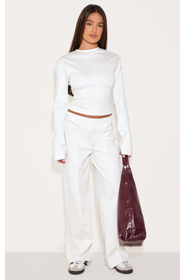 Cream Stretch Pin Tuck Mid Rise Wide Leg Trousers