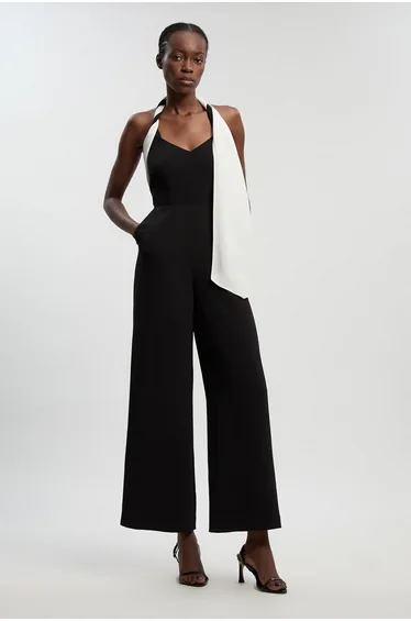 Petite Soft Tailored Colour Block Detail Halter Neck Jumpsuit