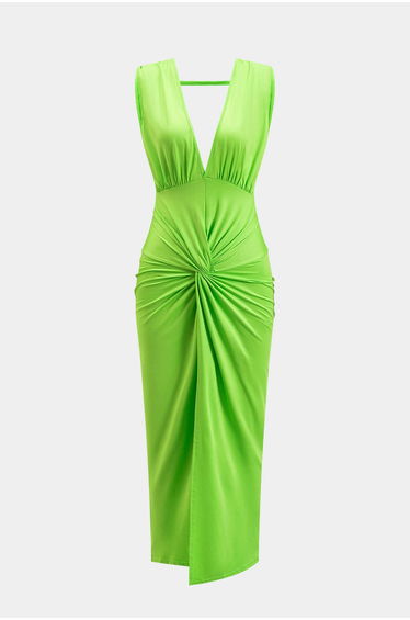 Ruched Twist Knot Backless Sleeveless Midi Dress