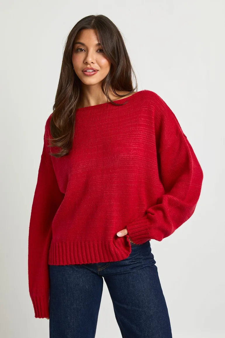 Soft Knit V Back Jumper - red