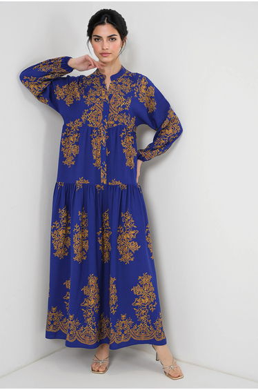 BDART Printed V-Neck Maxi Dress with Button Closure