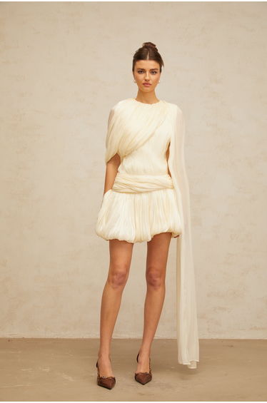 Cyrielle Pleated Mini Dress with Ribbon Design Accent