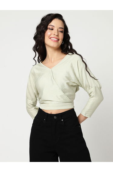 Green 3/4 Sleeve Wrap Front Crop Top