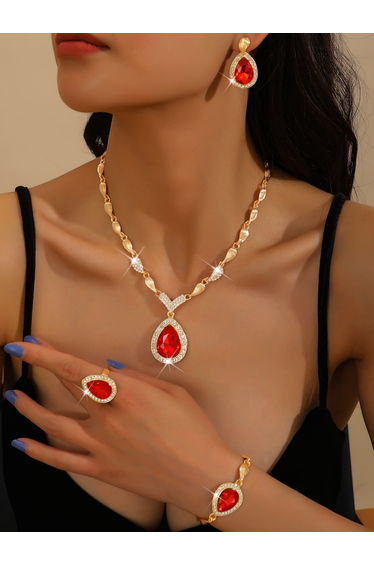 4-Piece Green Rhinestone Drop Necklace, Bracelet, Ring and Earrings Jewelry Set