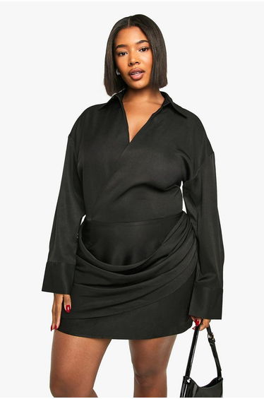 Plus Wrap Shirt Dress - black