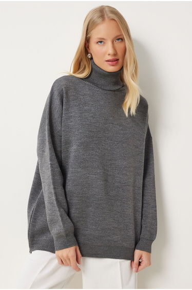 Women's Grey Turtleneck Oversize Knitwear Sweater