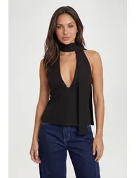 Scarf Detail Plunge Tailored Top - black - 1