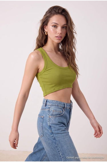 Oil Green Fitted Pool Collar Super Crop Ribbed Flexible Knitted Tank Top