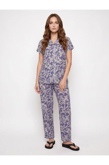 Blue Floral Lace Detail Shirt and Pyjama Set