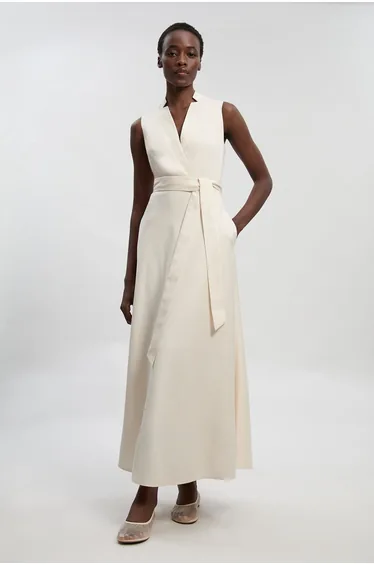 Petite Tailored Linen Wrap Tie Waisted Maxi Dress