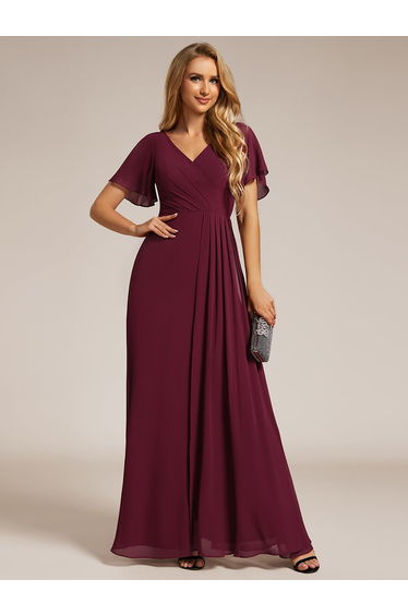 ever LINDEN|High Slit V-Neck Chiffon High Waist Bridesmaid Dress with Ruffle Sleeve