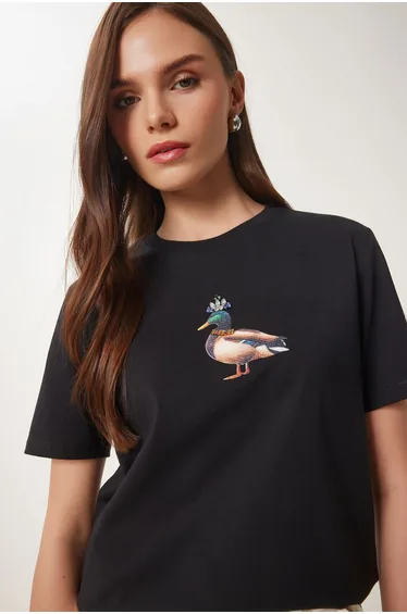 Women's Black Stone Detailed Emblem Cotton Knitted T-Shirt