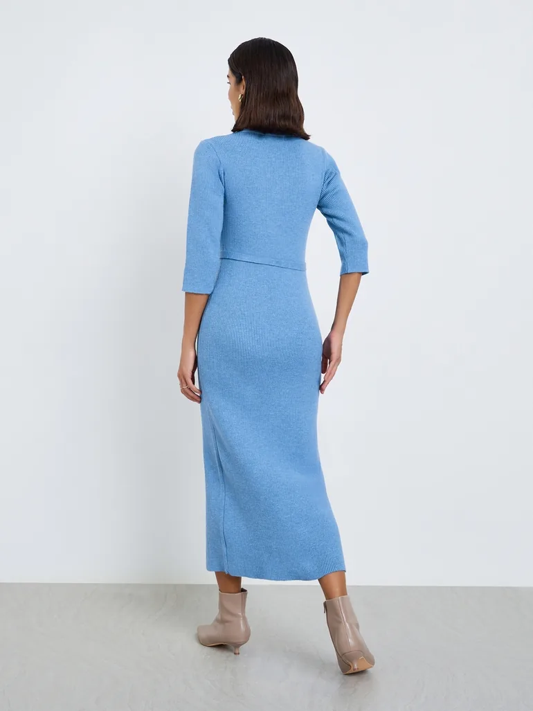 Blue Ribbed Knit Sweater Midi Dress with Belt Styli Blue : Day Dresses : VogaCloset Oman Blue Ribbed Knit Sweater Midi Dress with Belt Styli Blue : Day Dresses : VogaCloset Oman