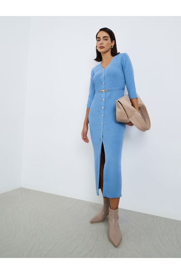Blue Ribbed Knit Sweater Midi Dress with Belt