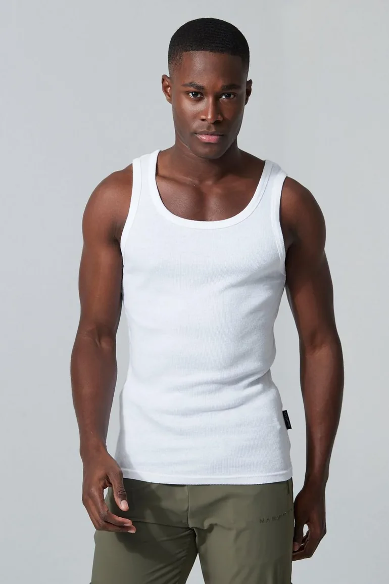 Man Active Gym Muscle Fit Ribbed Vest - white