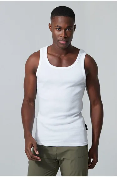 Man Active Gym Muscle Fit Ribbed Vest - white