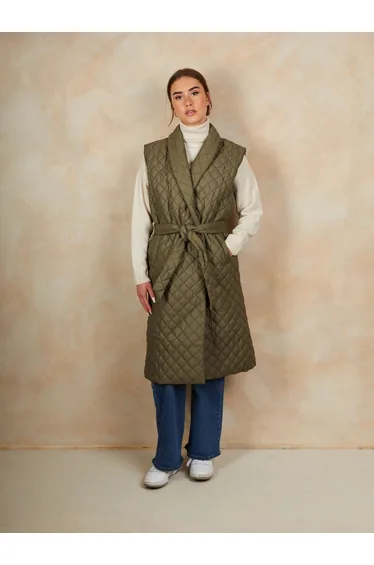 Diamond Quilted Longline Belted Gilet in Khaki