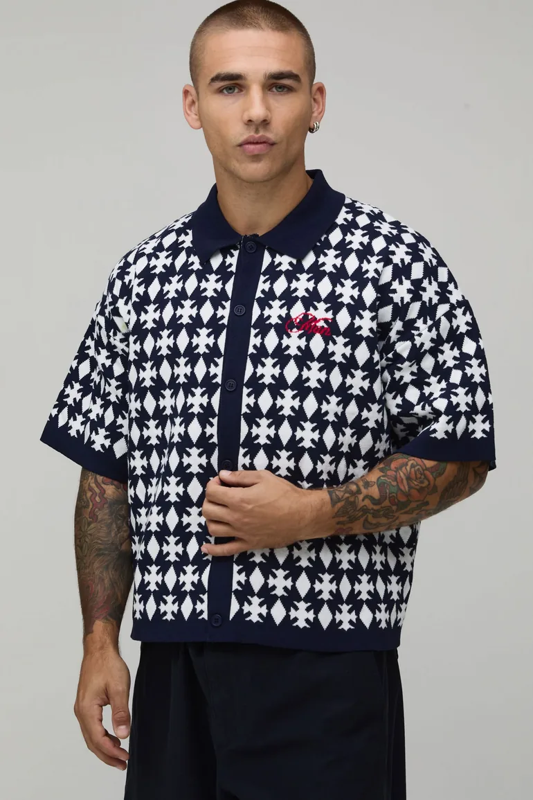 قميص رجالي جاكار بقصة عريضة - كحلي