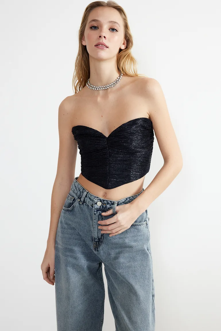 Navy Blue Crop Knitted Shiny Bustier - 3