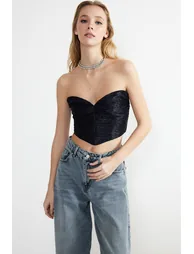 Navy Blue Crop Knitted Shiny Bustier - 3