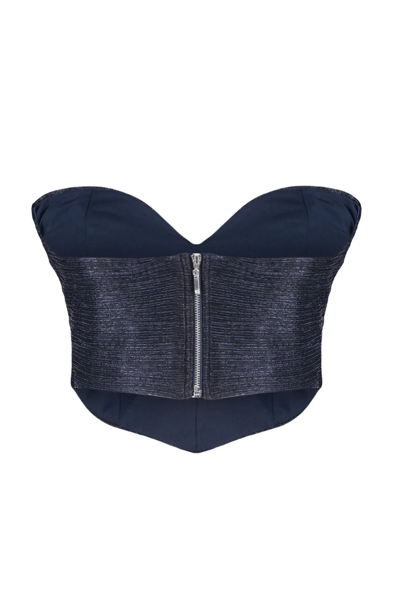 Navy Blue Crop Knitted Shiny Bustier - 1