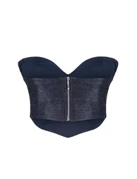 Navy Blue Crop Knitted Shiny Bustier - 1