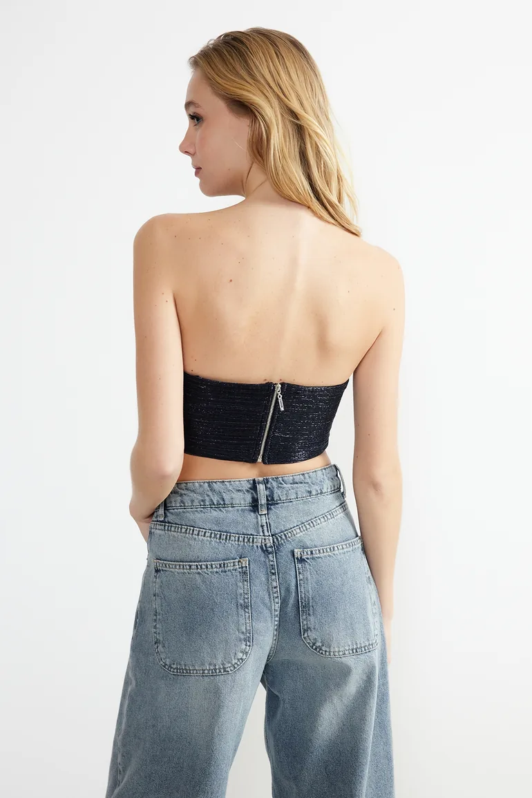 Navy Blue Crop Knitted Shiny Bustier - 6