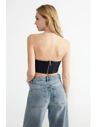 Navy Blue Crop Knitted Shiny Bustier - 6