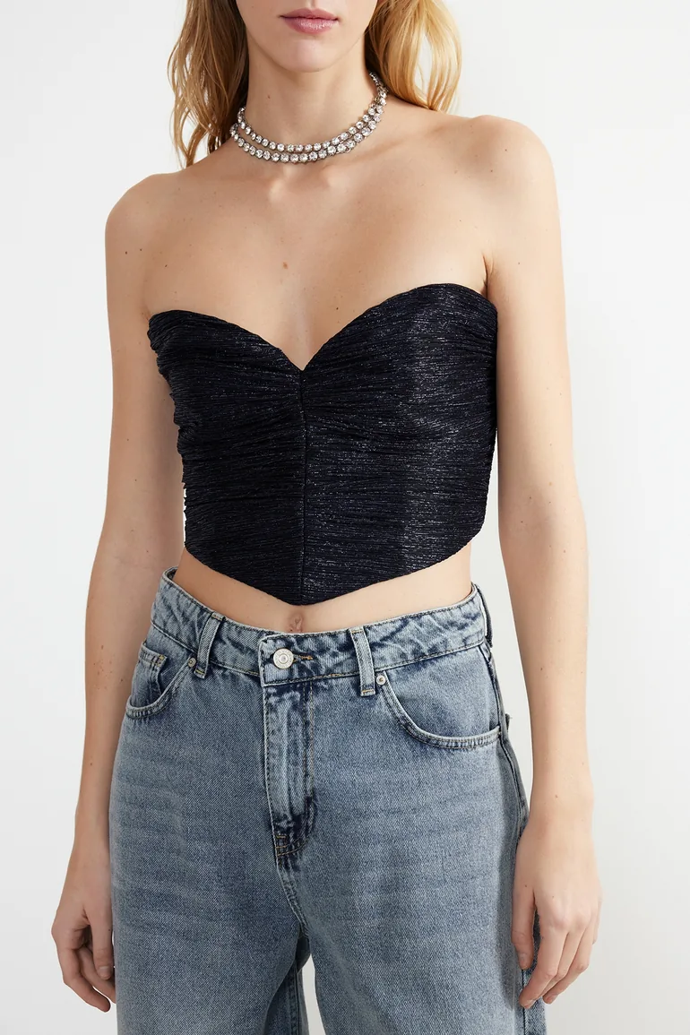 Navy Blue Crop Knitted Shiny Bustier - 2