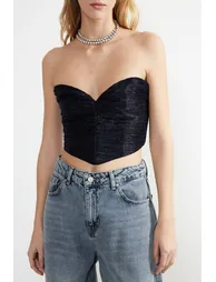 Navy Blue Crop Knitted Shiny Bustier - 2