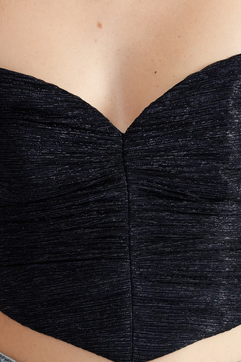 Navy Blue Crop Knitted Shiny Bustier - 7