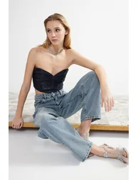 Navy Blue Crop Knitted Shiny Bustier - 4